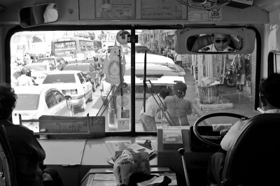 Public bus stuck in Bangkok traffic. Its faster to walk.